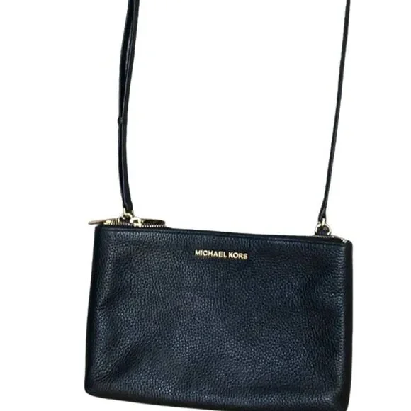 Michael Kors Double Pouch Crossbody Med/Large Black Pebbled Leather Excellent! - Picture 4 of 14